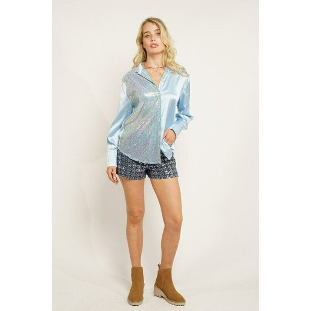 GeeGee Clothing Satin Sequin Button Up Mix Top Shirt in Chambray New S-L ST2310 - Picture 4 of 5